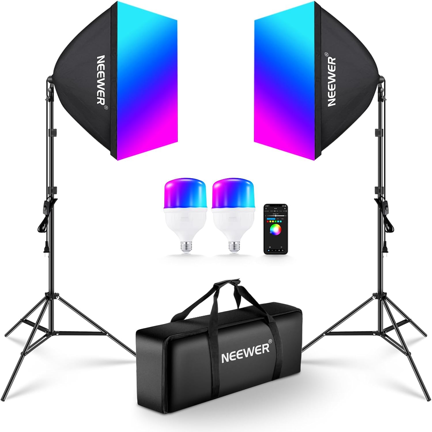 NEEWER RGB Softbox Lighting Kit with App Control & 9 Effect Modes, 2 Pack 26W FCC/IC/UL Certified LED Bulbs CRI93+ TLCI98+, E26 Porcelain Sockets, 24" Softboxes, for Studio Photography Lighting, NK800 - Image 9